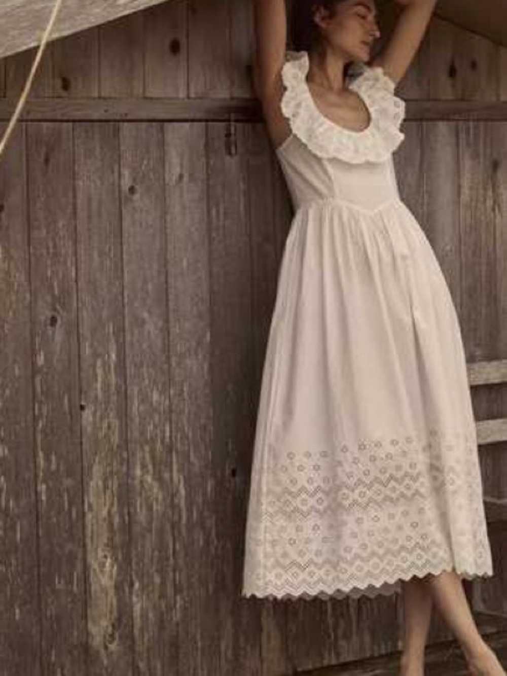 Doen Liesel White Eyelet Ruffle Midi Dress S EUC